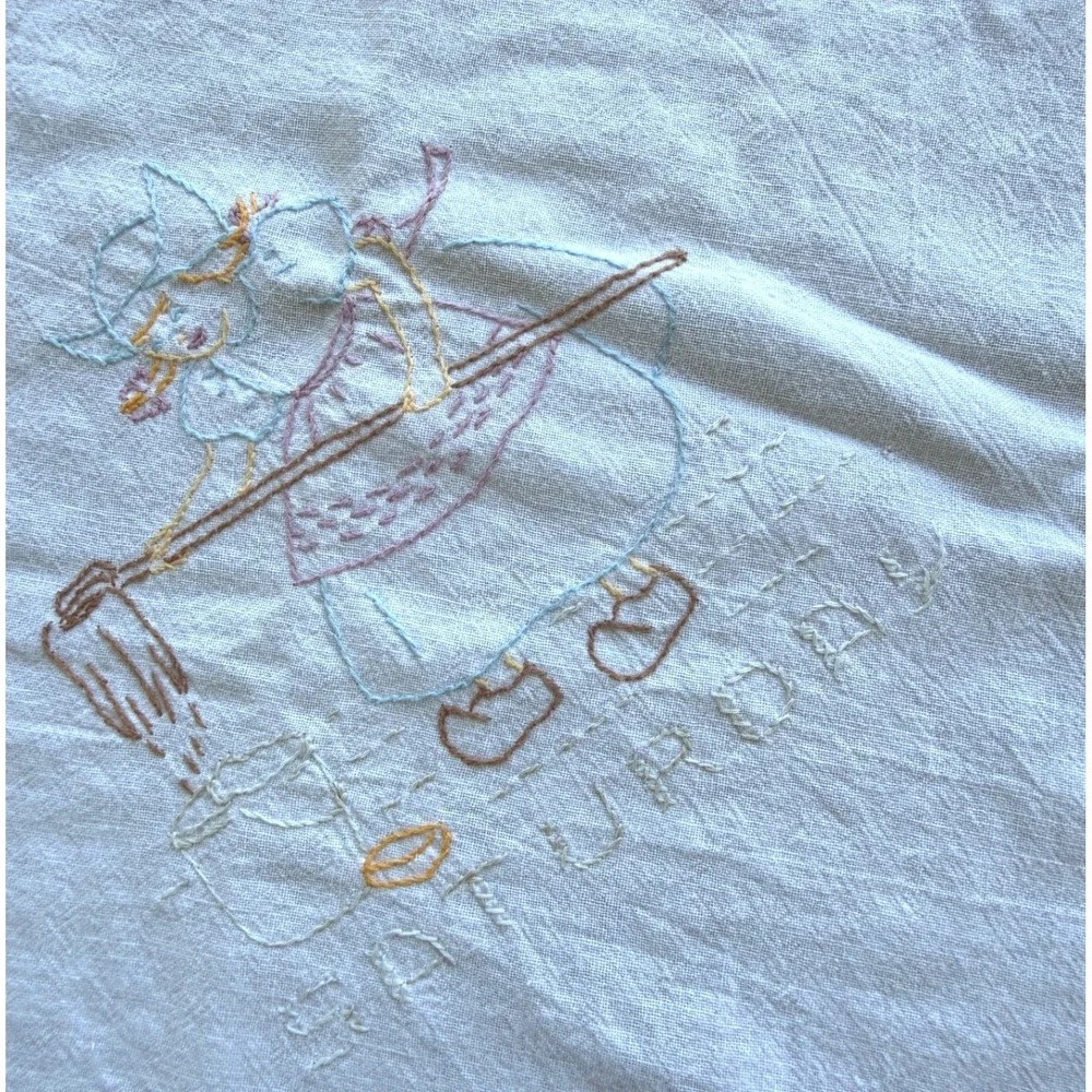 Vintage Hand Embroidered Days of the Week Tea Towel Saturday Dutch Girl White